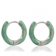 Oorbellen van Stainless steel Roestvrij staal (RVS) creolen enamel 16mm Persian green-silver