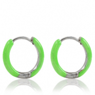 Oorbellen van Stainless steel Roestvrij staal (RVS) creolen enamel 14mm Bright green-silver