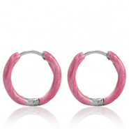 Oorbellen van Stainless steel Roestvrij staal (RVS) creolen enamel 14mm Punch pink-silver