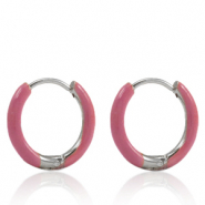 Oorbellen van Stainless steel Roestvrij staal (RVS) creolen enamel 14mm Thulian pink-silver