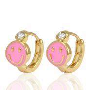 TQ metaal brass oorbellen creolen enamel smiley Pink crystal-gold