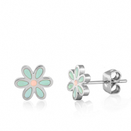Oorbellen van Stainless steel Roestvrij staal (RVS) flower Turquoise-silver