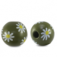 Houten kralen rond 16mm flower Olive green