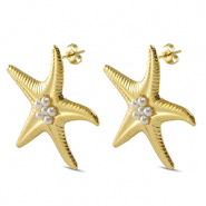 Oorbellen van Stainless steel Roestvrij staal (RVS) oorstekers starfish imitation pearls Gold