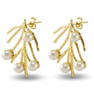 Oorbellen van Stainless steel Roestvrij staal (RVS) oorstekers seaweed imitation pearls Gold