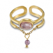 Ringen van Stainless steel Roestvrij staal (RVS) met natuursteen Gold-aubergine purple-purple