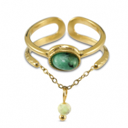 Ringen van Stainless steel Roestvrij staal (RVS) met natuursteen Gold-green-greenish grey