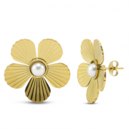 Oorbellen van Stainless steel Roestvrij staal (RVS) oorstekers flower with imitation pearls Gold