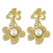 Oorbellen van Stainless steel Roestvrij staal (RVS) oorstekers flower with imitation pearls Gold
