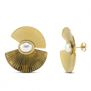 Oorbellen van Stainless steel Roestvrij staal (RVS) oorstekers fans with imitation pearls Gold