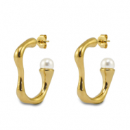 Oorbellen van Stainless steel Roestvrij staal (RVS) oorstekers with imitation pearls Gold
