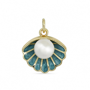 Brass TQ metaal bedels shell with pearl Gold-turquoise blue-white