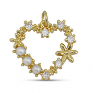 Brass TQ metaal bedels zirkonia heart with pearl Gold-white