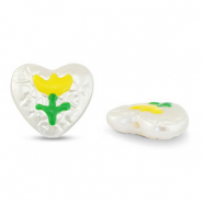 Kralen van acryl heart with flower Pearl-yellow-green