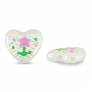 Kralen van acryl heart with flower Pearl-lilac pink-green