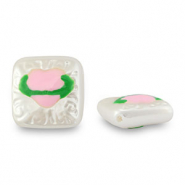 Kralen van acryl square with heart Pearl-light pink-green