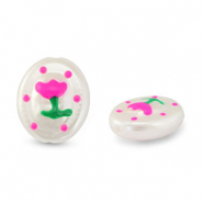 Kralen van acryl oval with flower Pearl-pink-green