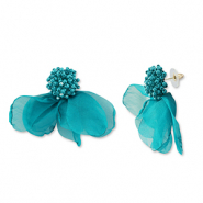 Musthave oorbellen/oorstekers chiffon bloem Teal green-gold