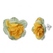 Musthave oorbellen/oorstekers chiffon bloem Green-yellow-silver