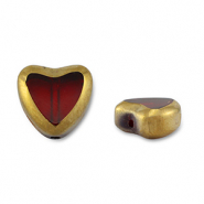 Glas kralen heart Red transparent-gold