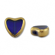 Glas kralen heart Blue transparent-gold