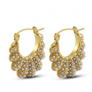 Oorbellen van Stainless steel Roestvrij staal (RVS) oorstekers fan  with imitation pearls Gold