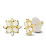 TQ metaal brass oorbellen / oorstekers zirkonia flower Gold