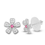 TQ metaal brass oorbellen / oorstekers zirkonia flower Silver