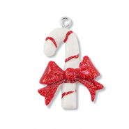 Hangers van resin candy cane with bow White-red