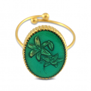 Ringen van Stainless steel Roestvrij staal (RVS) enamel oval with flower Gold-dark green