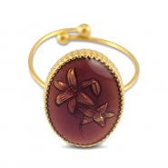 Ringen van Stainless steel Roestvrij staal (RVS) enamel oval with flower Gold-amethyst