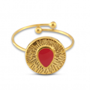 Ringen van Stainless steel Roestvrij staal (RVS) enamel round with drop Gold-magenta pink