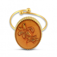 Ringen van Stainless steel Roestvrij staal (RVS) enamel oval with flower Gold-salmon pink