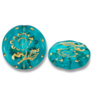 Kralen van acryl round with flower Teal blue-gold