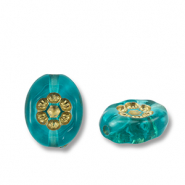 Kralen van acryl oval with flower Teal blue-gold