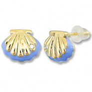 TQ metaal brass oorbellen / oorstekers shell Gold-carolina blue