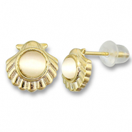 TQ metaal brass oorbellen / oorstekers shell with pearl Gold-light grey