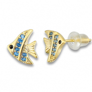 TQ metaal brass oorbellen / oorstekers fish Gold-light blue