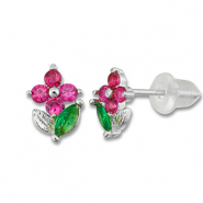 TQ metaal brass oorbellen / oorstekers flower Silver-dark pink-green