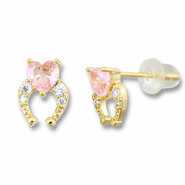 TQ metaal brass oorbellen / oorstekers horseshoe with heart Gold-light pink