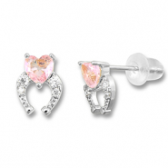 TQ metaal brass oorbellen / oorstekers horseshoe with heart Silver-light pink