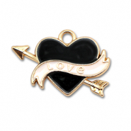 Metaal bedels enamel heart "love" Gold-black-white