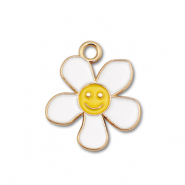 Metaal bedels enamel flower with smiley Gold-white-yellow