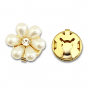 Eco-brass® metaal button covers pearls flower Gold-white-crystal