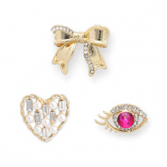 Pins eye / heart / bow Gold-dark pink-white