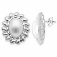 Oorbellen van Stainless steel Roestvrij staal (RVS) oorstekers oval Silver-white