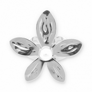 Ringen van Stainless steel Roestvrij staal (RVS) flower with pearl Silver-white