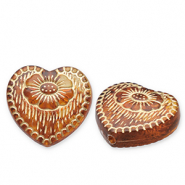 Kralen van acryl heart with flower Cognac brown-gold