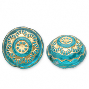 Kralen van acryl round with flower Teal blue-gold