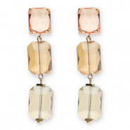 Crystal Glass oorbellen / oorstekers rectangle Pink-amber orange-sand beige